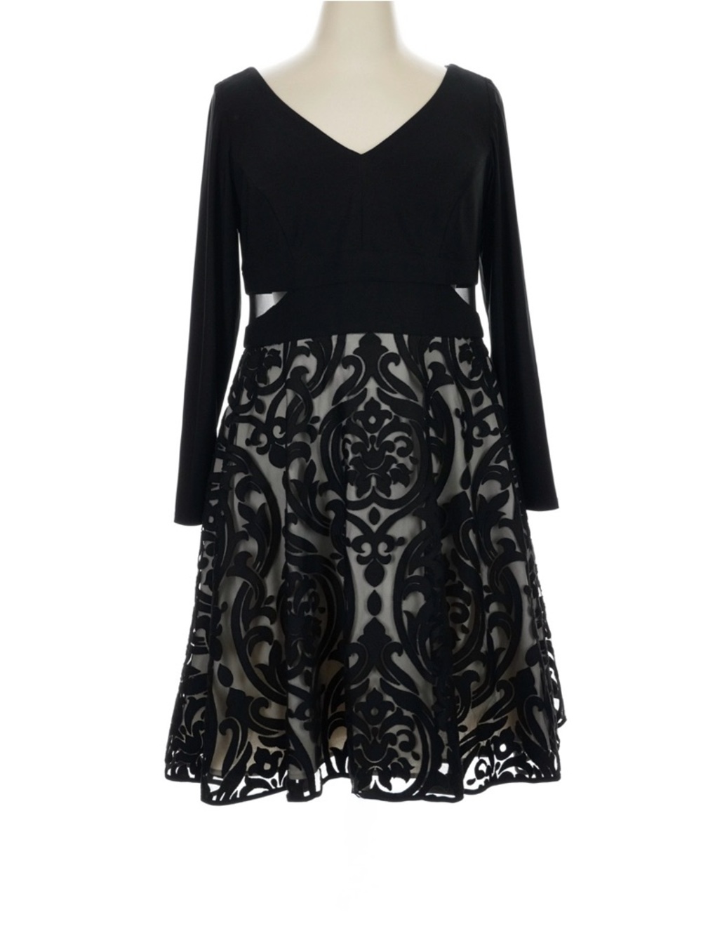 NWT! Xscape Black and Ivory Midi Dress with Swirl Lace Overlay Size 22